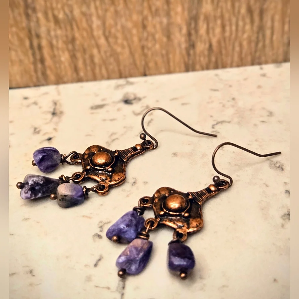 Steppe Warrior's Purple Siberian Charoite In Rugged Antique Copper Earrings - Picture 2 of 8